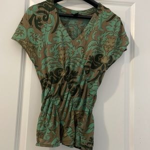 DKNY Green and Brown Cotton Ruched Asymmetrical Cap Sleeved Top, size P